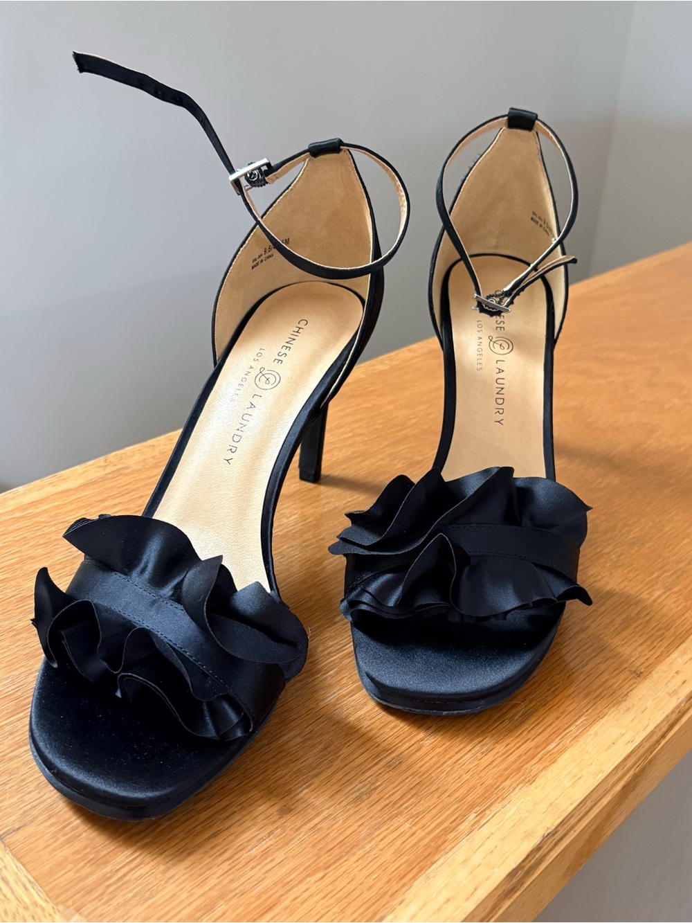 Chinese Laundry Black Satin Ruffle Ankle-Strap Heels Size 9 1/2